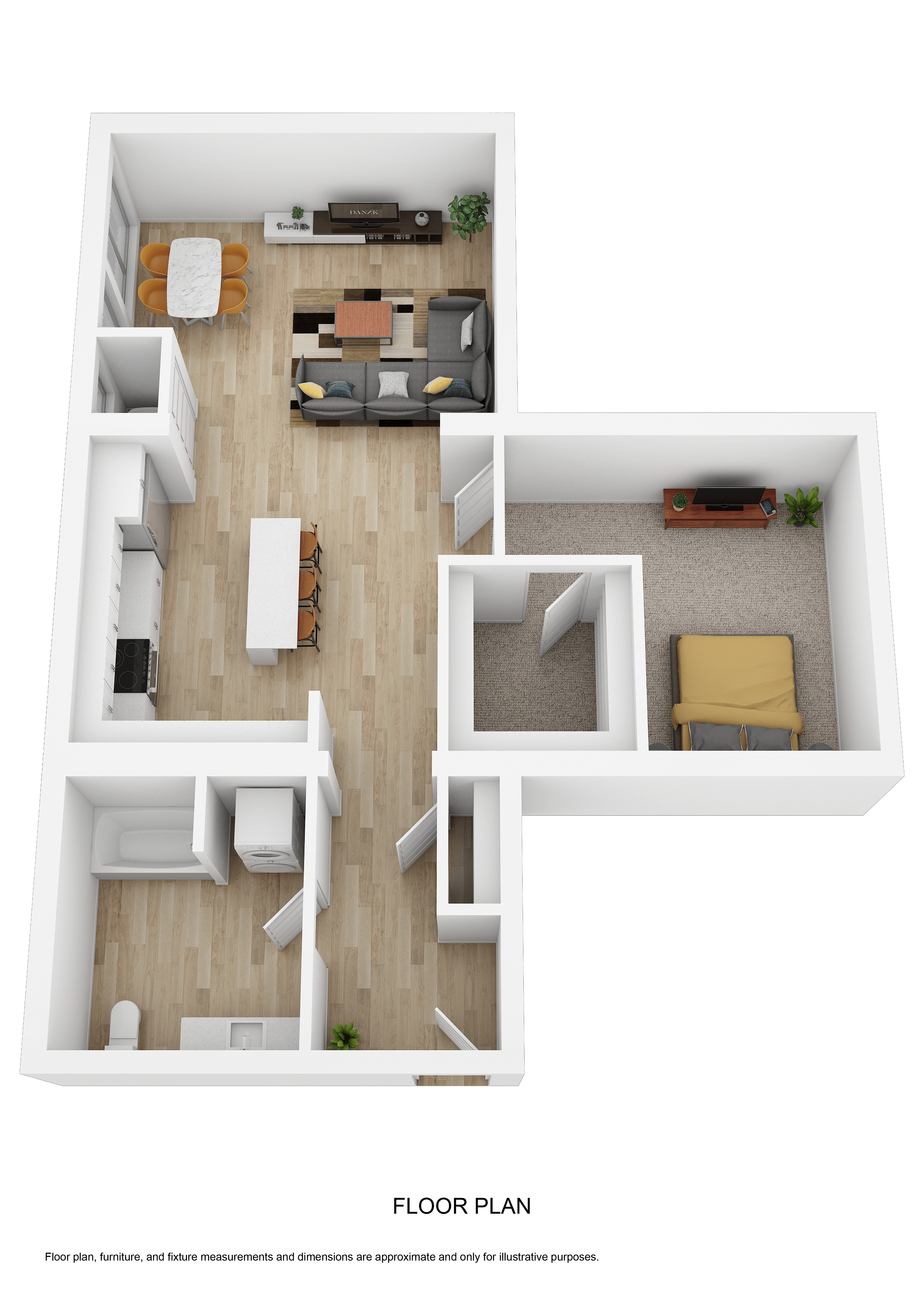 a rendering of the floor plan of a 1 bedroom apartment